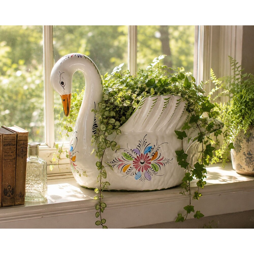 Vintage Portuguese Hand Painted Swan Planter Large Ceramic Cachepot Floral